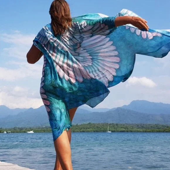 Bohemian Feather Wings Geo Print Kimono Beach Cover up - Picture 4 of 13